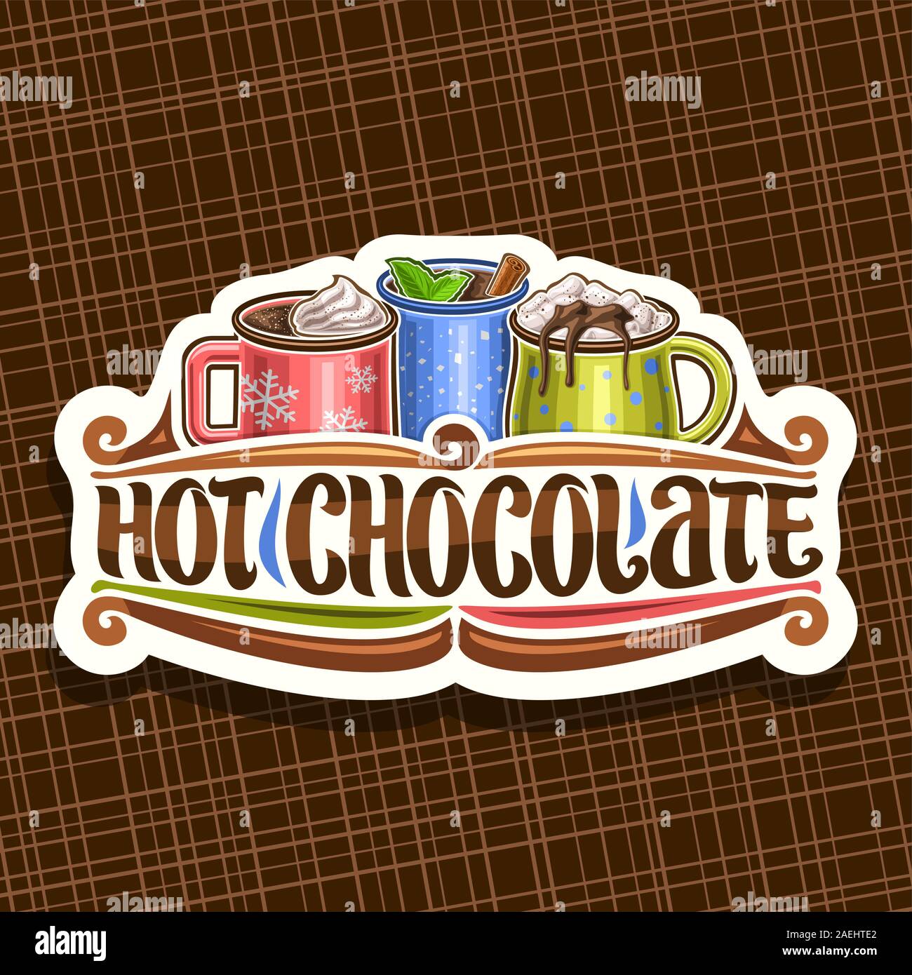 Logo Vector pour chocolat chaud, couper le papier décoratif avec étiquette 3 tasses de dessert de Noël, des gouttes de chocolat fondu, de la brosse d'origine lettrage pour wo Illustration de Vecteur