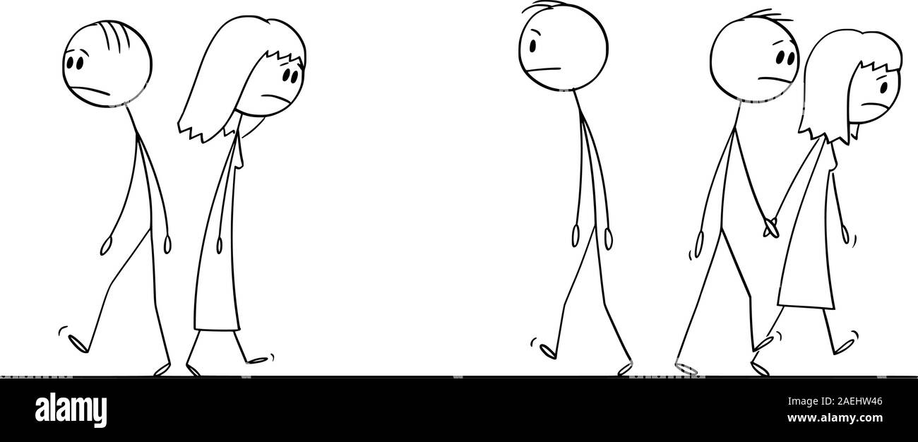 Vector cartoon stick figure dessin illustration conceptuelle de triste ou déprimé personnes marchant dans la rue. Illustration de Vecteur