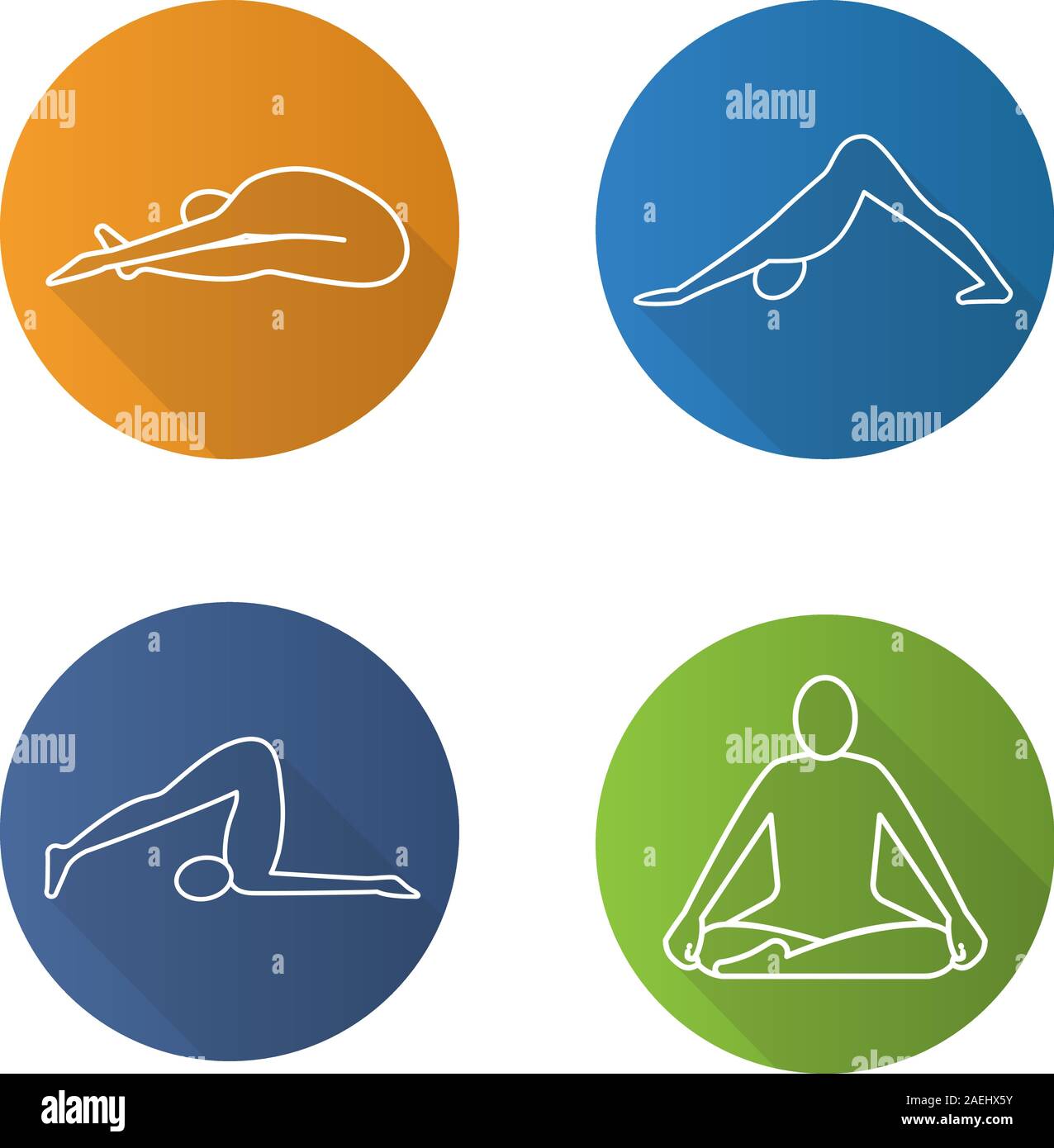 Asanas linéaire plat long shadow icons set. Paschimottanasana, halasana, adho mukha svanasana siddhasana, positions de yoga. Ligne vectorielle illustration Illustration de Vecteur