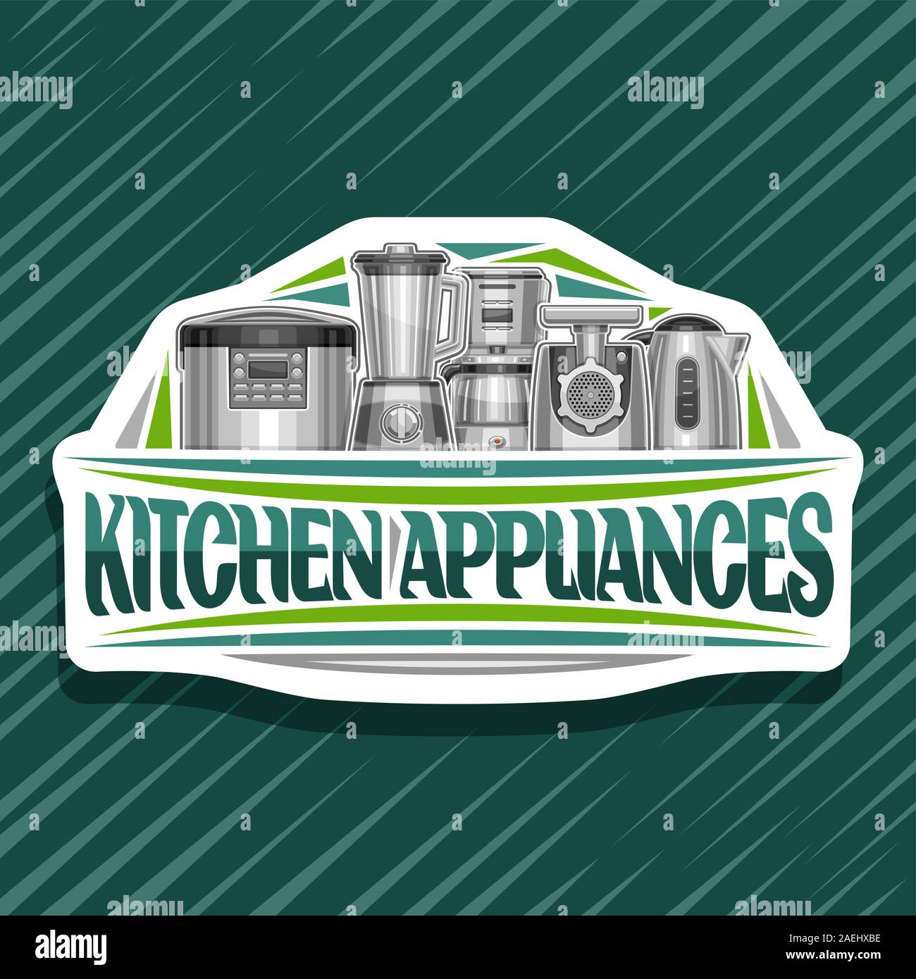 Logo Vector pour appareils de cuisine, panneau blanc avec illustration de définir diverses marchandises électriques, lettrage original des mots et des appareils de cuisine Illustration de Vecteur