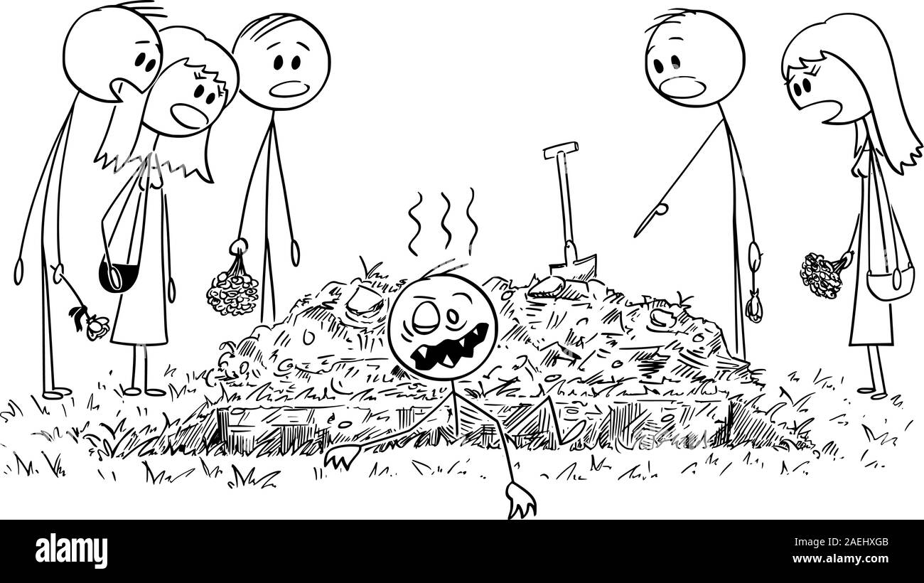 Vector cartoon stick figure dessin illustration conceptuelle de l'homme enterré vivant qui sort de la tombe comme undead zombie tandis que les gens, amis ou membres de la famille sont le regarder surpris. Illustration de Vecteur