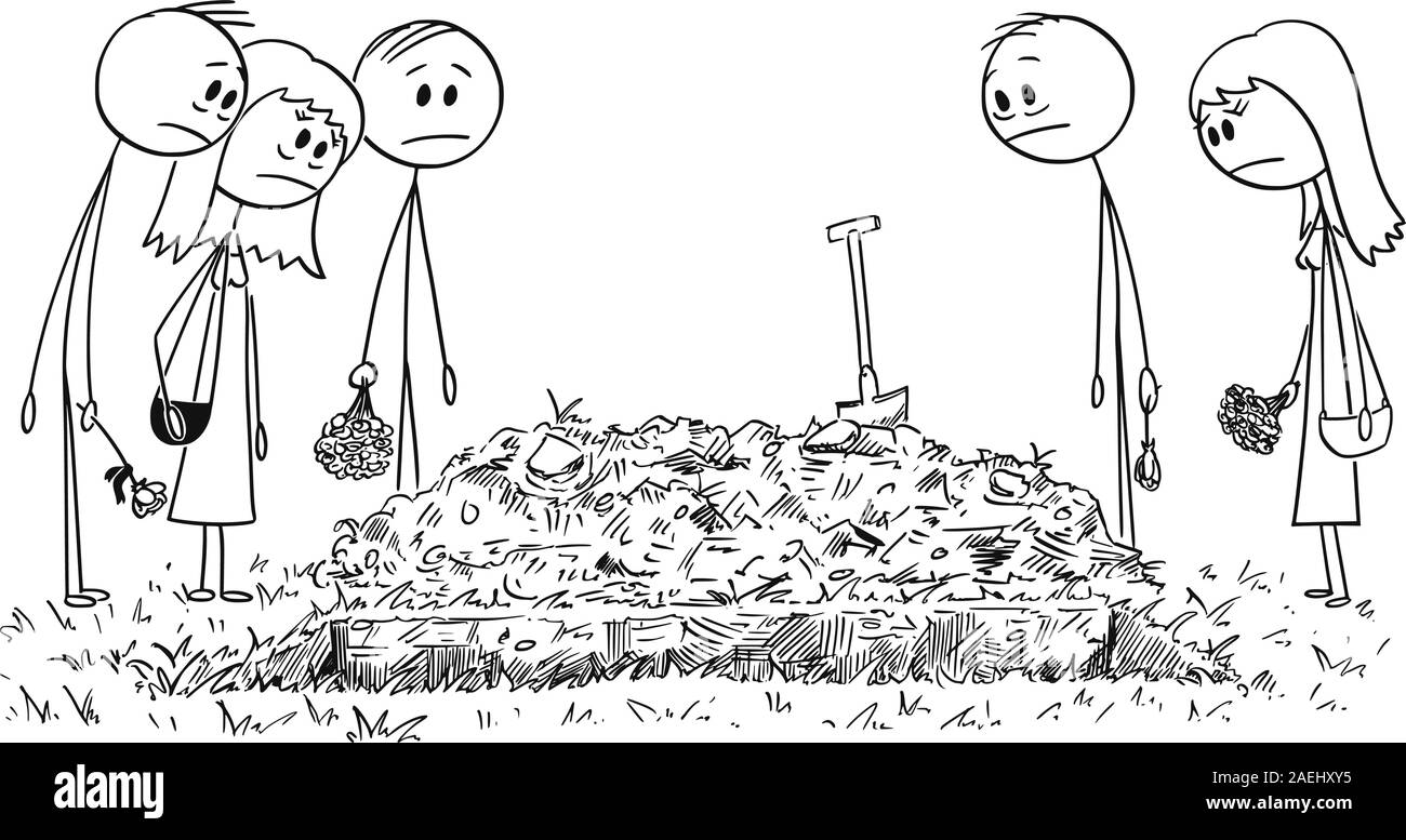 Vector cartoon stick figure dessin illustration conceptuelle de tristes, amis ou membres de la famille sur la cérémonie d'inhumation autour du trou dans le sol. Illustration de Vecteur