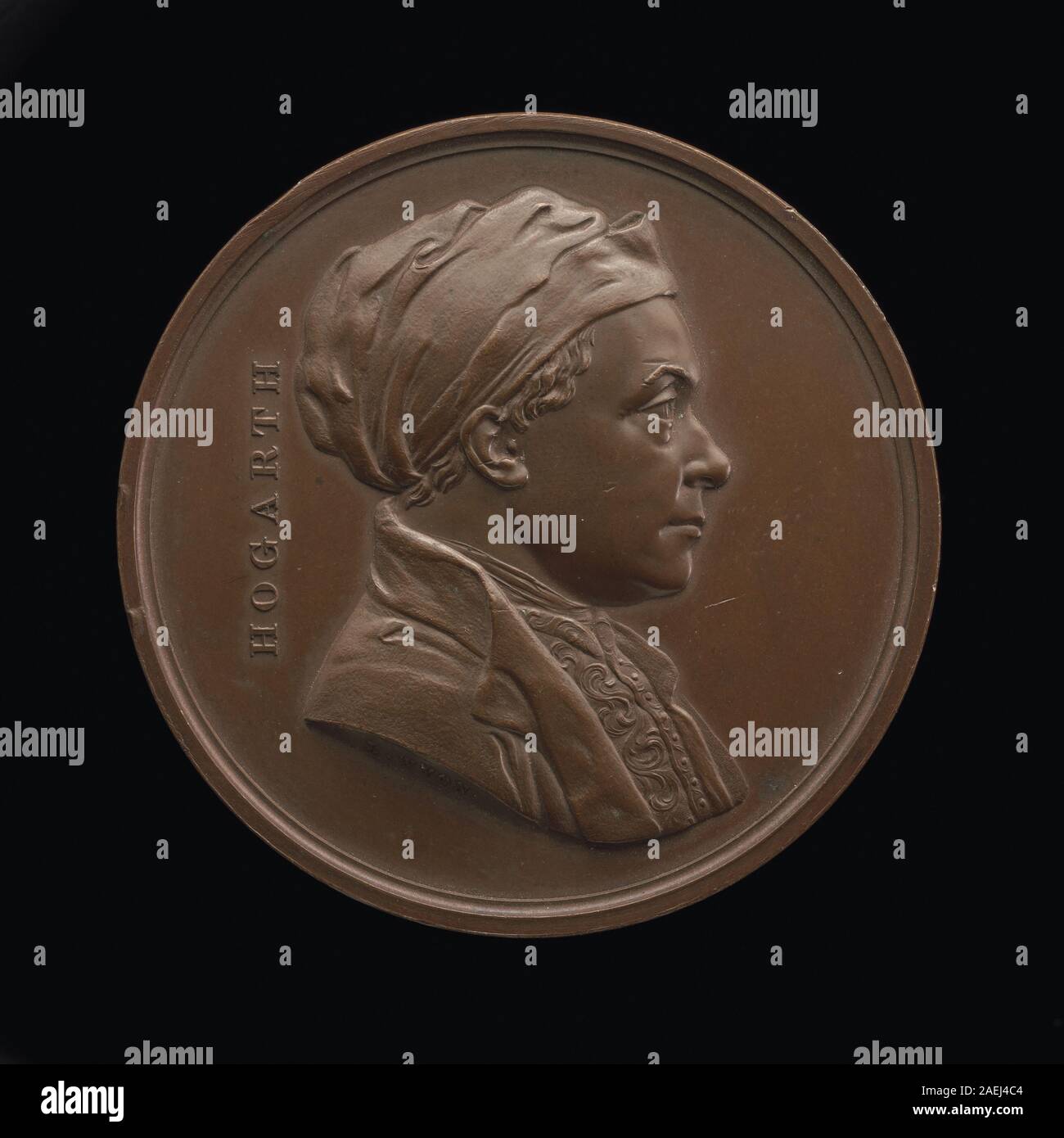 Médaille avers conçue par Leonard Charles Wyon en 1848 représentant William Hogarth, le peintre anglais (1697-1764), représentant un portrait en relief avec inscription. Banque D'Images