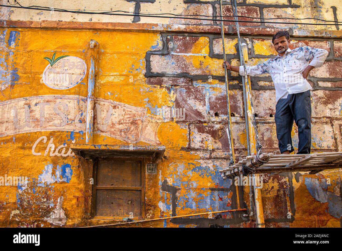 Peintre de maison sur un Osian Rajasthan, Inde Banque D'Images