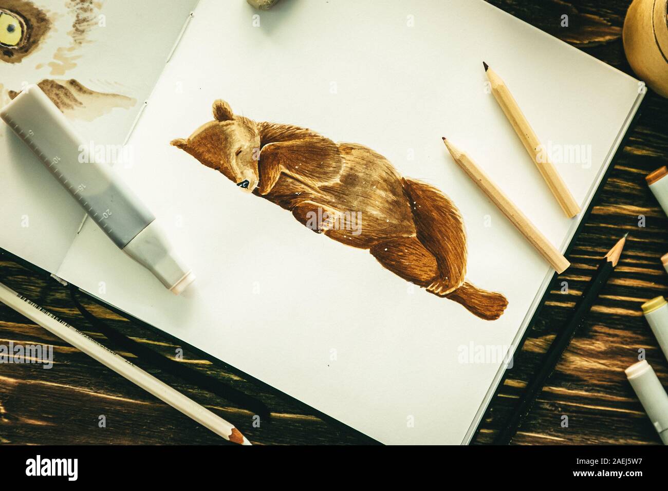 Hobby concept - Croquis du fait de l'ours avec marqueurs Banque D'Images