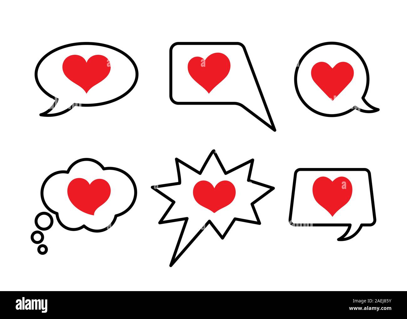Ensemble de symboles cardiaques dans les bulles de parole. La communication, les médias sociaux, comme les éléments de conception. Symboles d'amour. Illustration de Vecteur