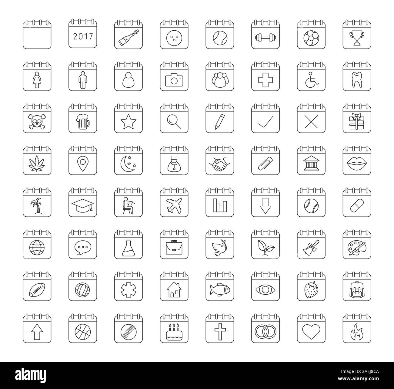 Linéaire calendriers icons set. Fêtes et jours fériés. Pages de calendrier avec le sport boules, médecin, avion, poignée de main, l'homme et de la femme. Fine ligne sym contour Illustration de Vecteur