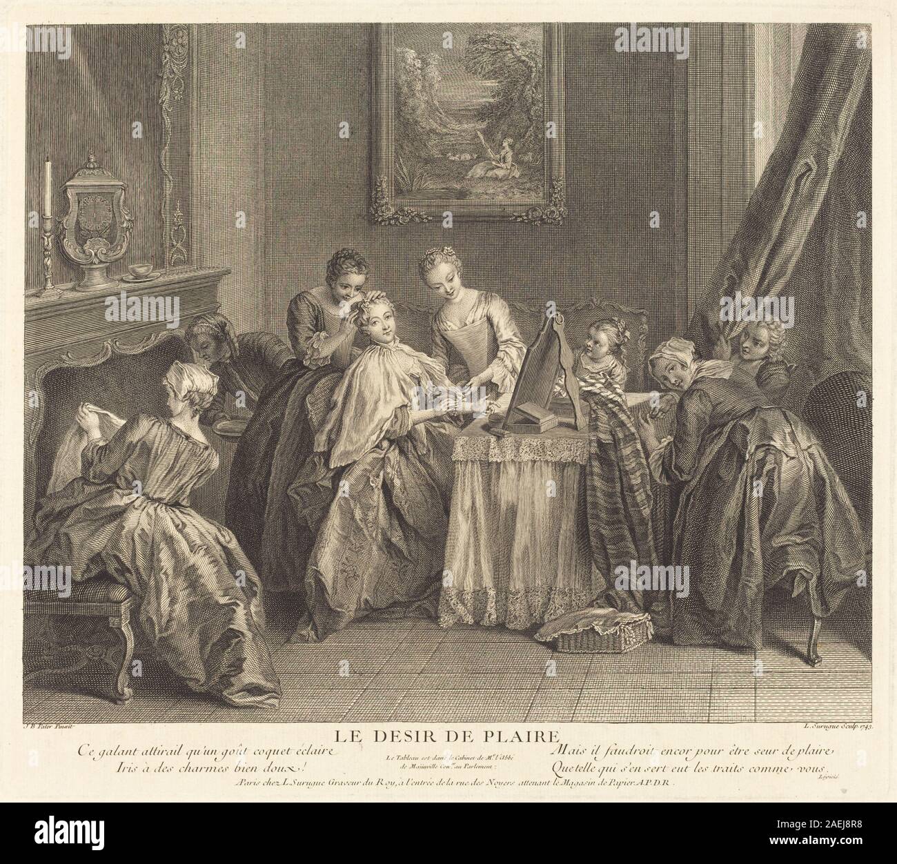 Le désir de plaire, créé en 1743 par Louis de Surugue de Surgis d'après Jean-Baptiste Joseph Pater, est une gravure représentant une scène sociale ou morale. L'œuvre met l'accent sur la composition des figures, le geste et le style artistique français du XVIIIe siècle. Banque D'Images