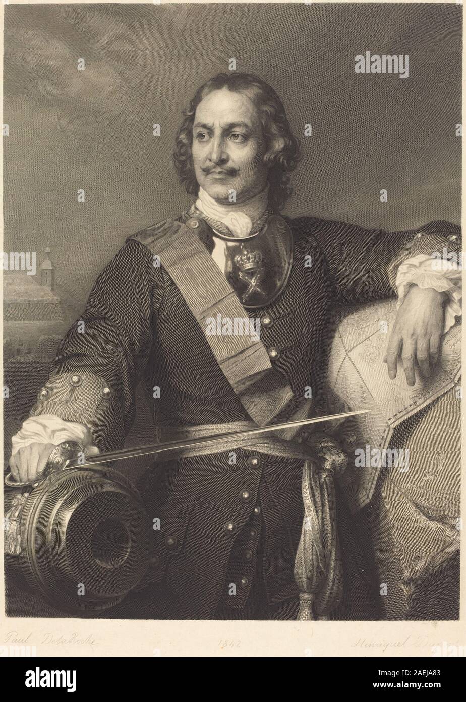 Gravure de Louis-Pierre Henriquel d'après Paul Delaroche représentant Pierre le Grand de Russie, montrant les traits du visage, la tenue vestimentaire, la couronne, les médailles, posture et détails de composition. Banque D'Images