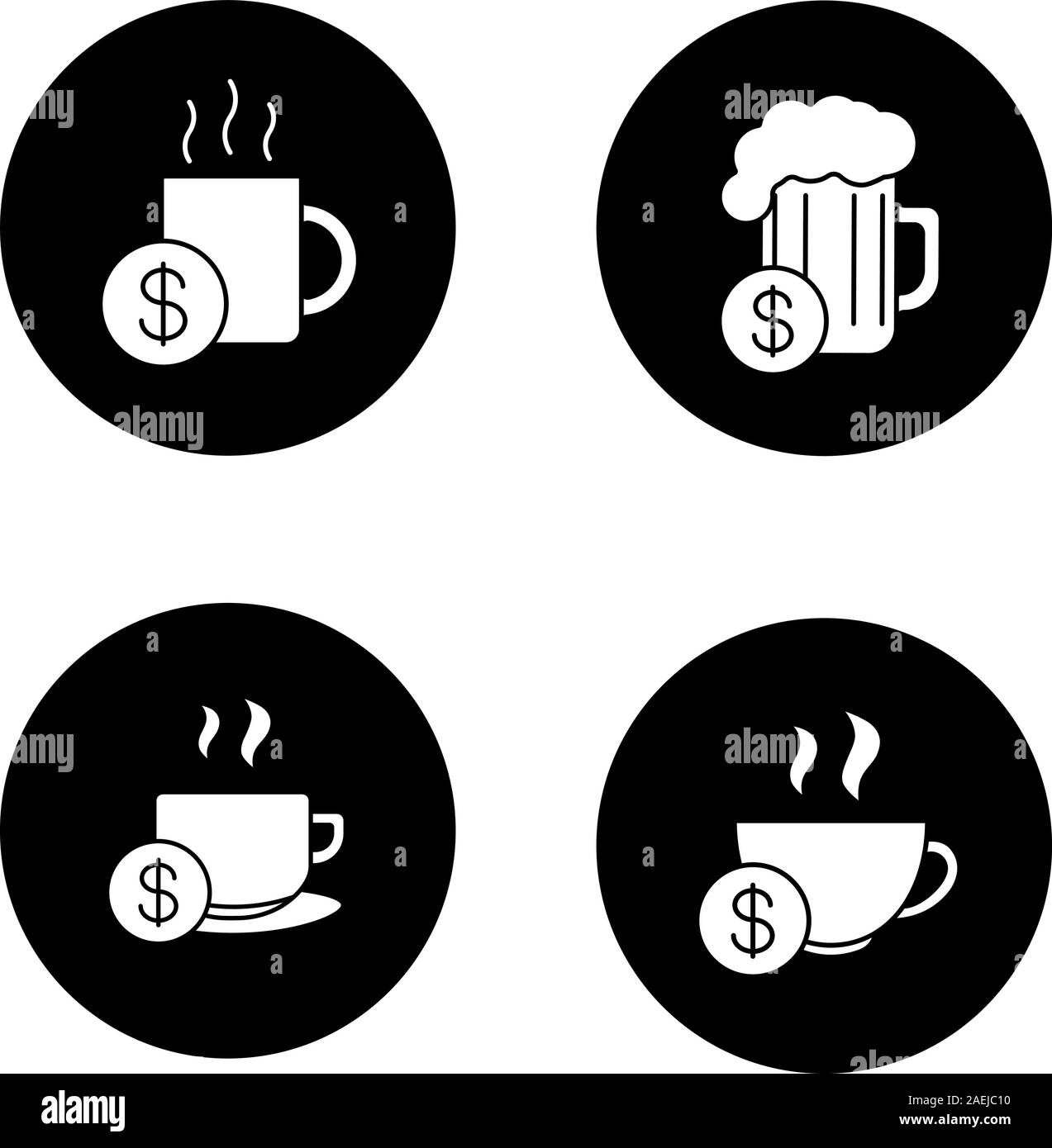 Acheter des boissons glyphe icons set. Verre à bière, un bain de vapeur : tasses avec le signe du dollar. Vector silhouettes blanc illustrations de cercles noirs Illustration de Vecteur