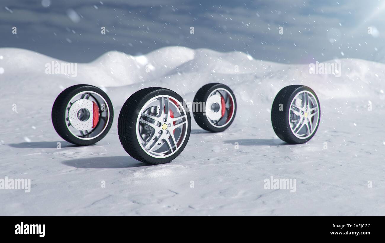 Pneus d'hiver sur un fond de tempête de neige, et glissante route d'hiver. Les pneus hiver concept. Pneus hiver, concept bande de roulement. Remplacement de roue Banque D'Images