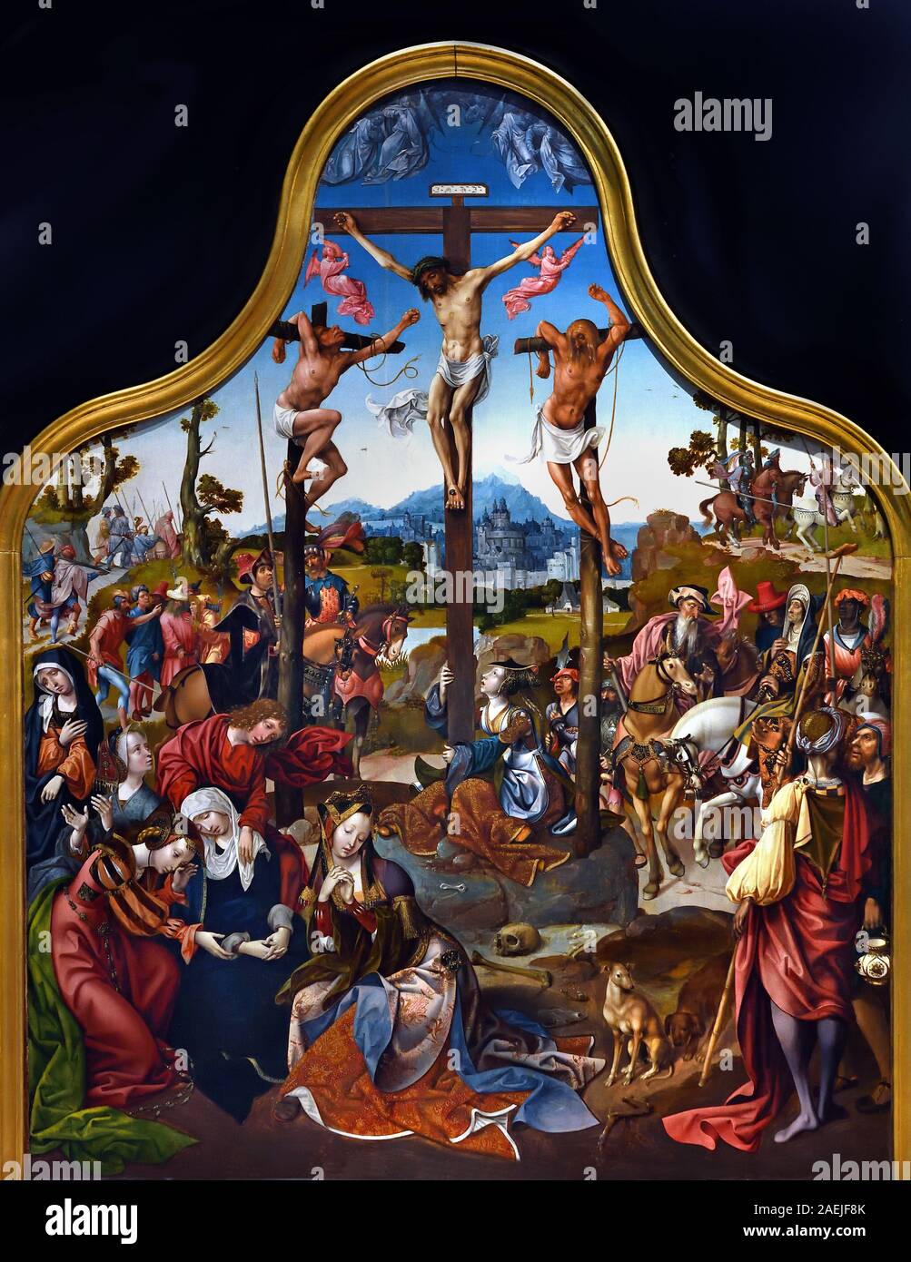 Triptyque de la Crucifixion du Christ, huile sur panneau (ca. 1515-1517) par Cornelis Engebrechtsz. École de Leiden. Museum De Lakenhal, Leiden, Pays-Bas. Banque D'Images