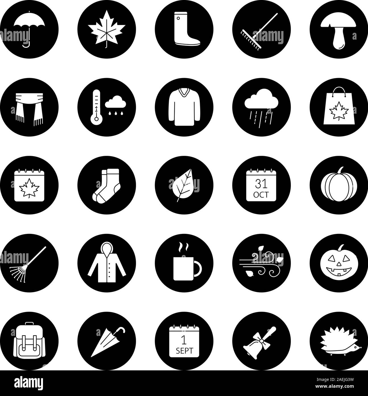 Saison d'automne glyphe icons set. Le 1er septembre et le 31 octobre. Des vêtements chauds, la vente d'automne, les feuilles, parapluie, calendrier, râteau, vente, temps pluvieux. Vector wh Illustration de Vecteur Saison d'automne glyphe icons set. Le 1er septembre et le 31 octobre. Des vêtements chauds, la vente d'automne, les feuilles, parapluie, calendrier, râteau, vente, temps pluvieux. Vector wh Illustration de Vecteur