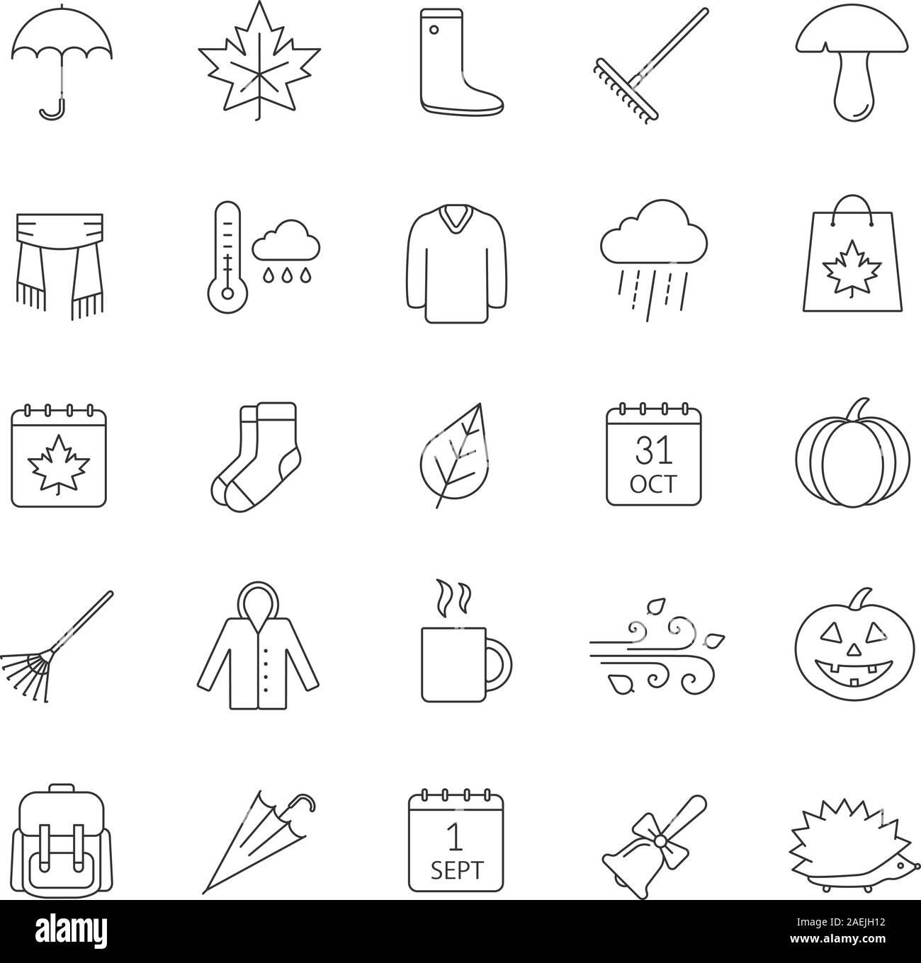 Icons set linéaire de l'automne. Le 1er septembre et le 31 octobre. Des vêtements chauds, la vente d'automne, les feuilles, parapluie, calendrier, râteau, vente, temps pluvieux. Fine ligne conto Illustration de Vecteur Icons set linéaire de l'automne. Le 1er septembre et le 31 octobre. Des vêtements chauds, la vente d'automne, les feuilles, parapluie, calendrier, râteau, vente, temps pluvieux. Fine ligne conto Illustration de Vecteur
