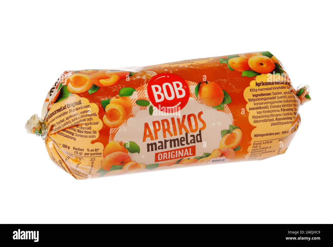 Stockholm, Suède - le 7 décembre 2019 : un paquet de remplissage Bob apricot marmaladefor le marché suédois, Banque D'Images