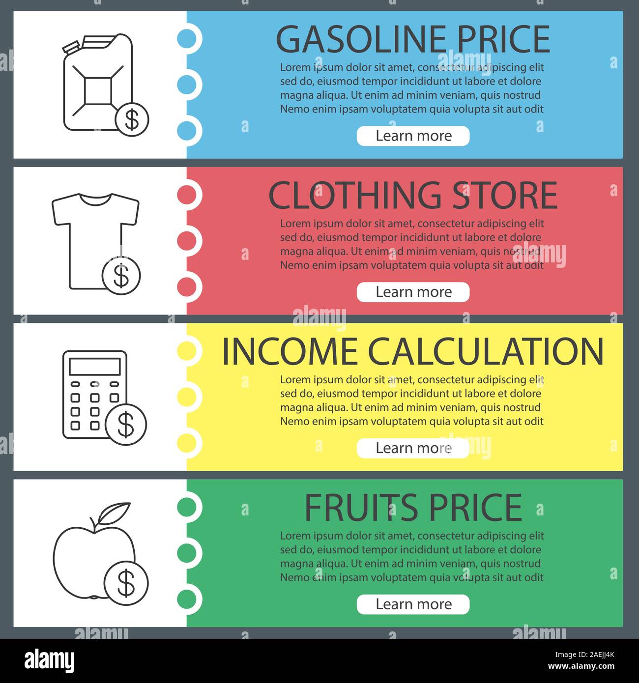 Modèles de page Web Services. Acheter des vêtements, des fruits, de  l'essence. Le calcul du revenu. Couleur du site Menu avec icônes linéaire.  En-têtes Vector desig Image Vectorielle Stock - Alamy