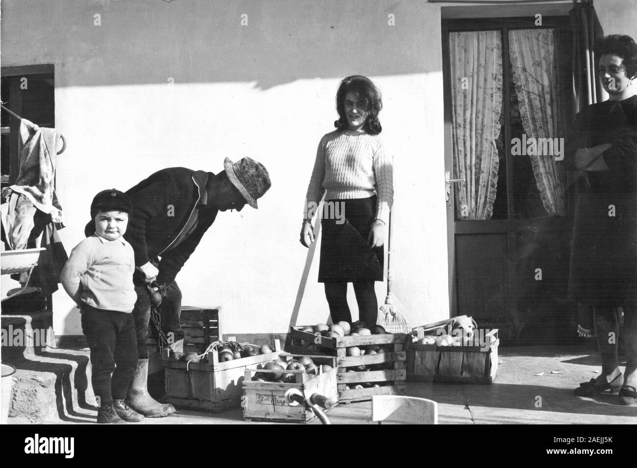 Le maître de la ferme des pommes et des pommes de terre avant de descendre sur le marché, suivie de près par sa famille. L'Italie, 1962 Banque D'Images