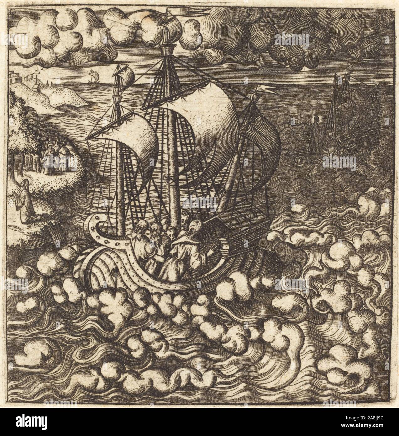 Léonard Gaultier, Christ priant tandis que ses disciples sont dans un bateau sur une mer de vent, probablement c 1576-1580 Christ priant tandis que ses disciples sont dans un bateau sur une mer de vent ; probablement c. 1576/1580 Banque D'Images