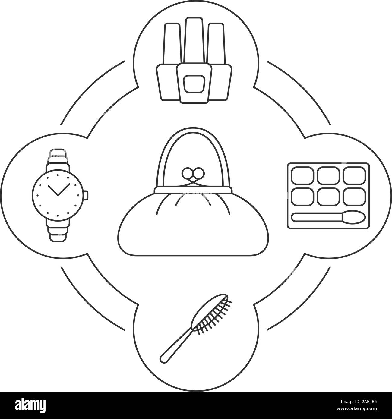 Le sac à main de femme matières icons set linéaire. Bouteilles de vernis à ongles, fards, brosse à cheveux, montre-bracelet. Illustrations vectorielles Illustration de Vecteur