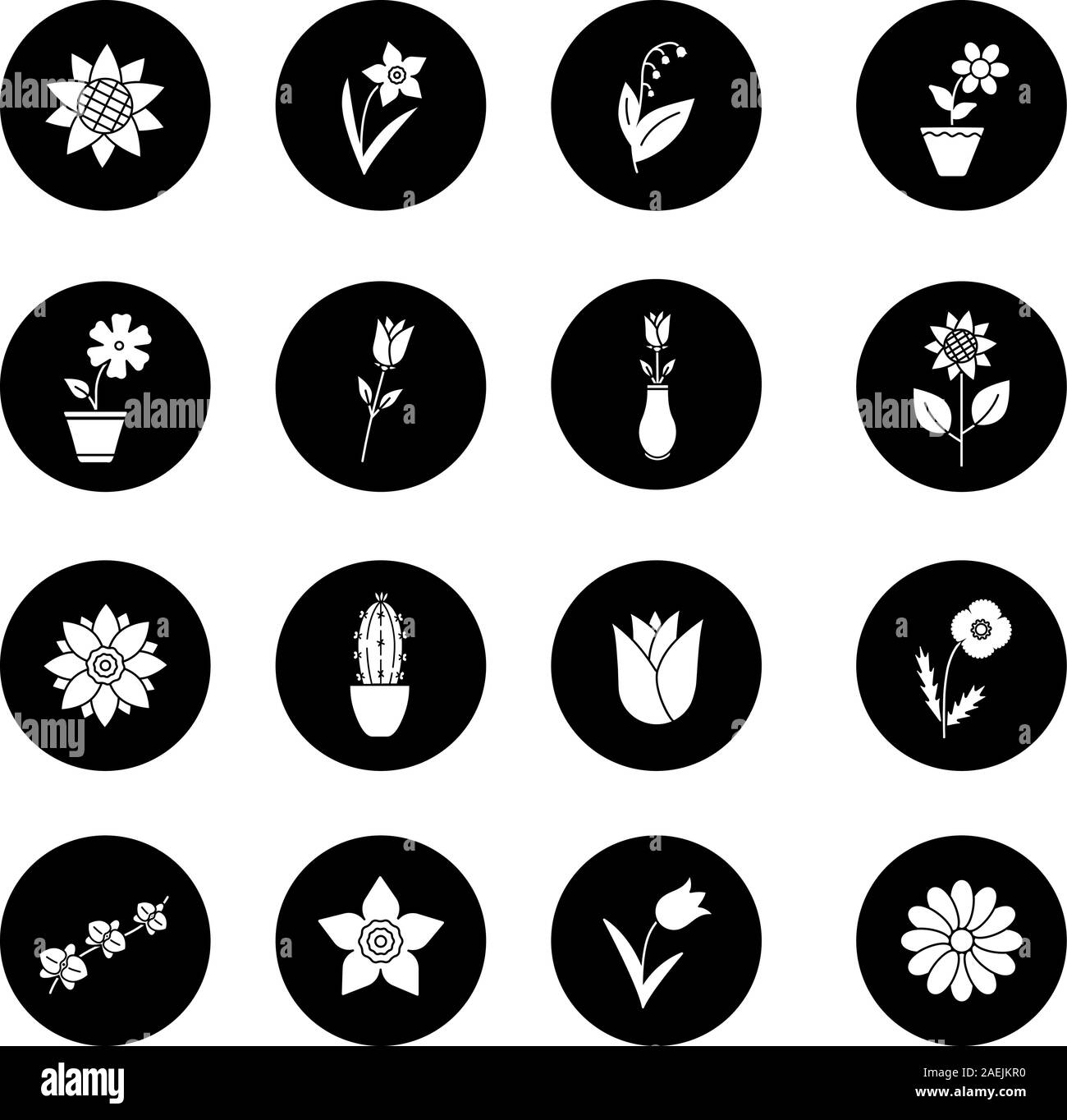 Glyphe de fleurs icons set. Jardin, nature, plantes d'intérieur. Blooming fleurs décoratives. Vector silhouettes blanc illustrations de cercles noirs Illustration de Vecteur