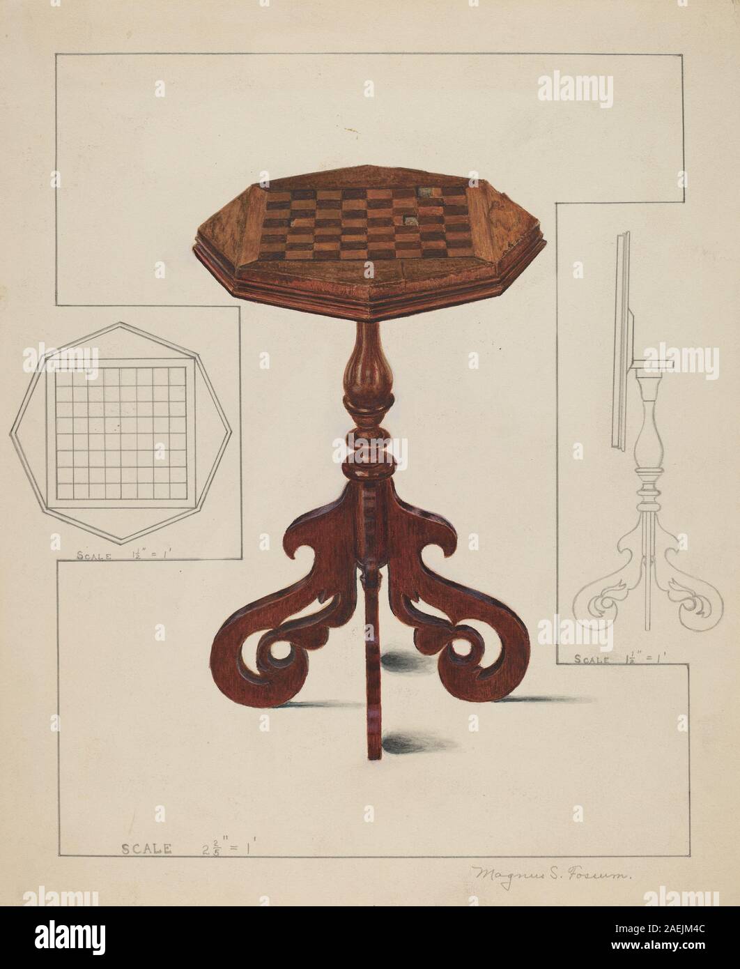 Une table inclinable avec un motif en damier, réalisée vers 1936. La table a un dessus et une base en bois, avec un mécanisme articulé permettant au dessus de s'incliner pour le stockage ou l'affichage. Il reflète le design scandinave du début du XXe siècle. Banque D'Images