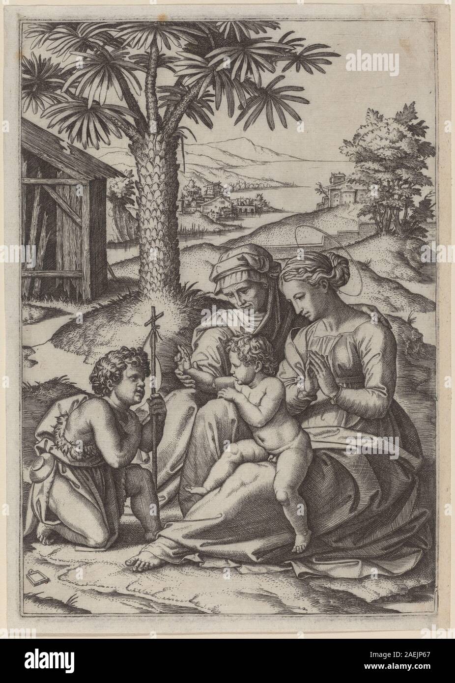 Madone sous un palmier, gravée par Marcantonio Raimondi d'après Raphaël, représente la Vierge Marie sous un palmier. L'estampe démontre les techniques de gravure italiennes du début du XVIe siècle, l'iconographie religieuse et l'équilibre de composition. Banque D'Images