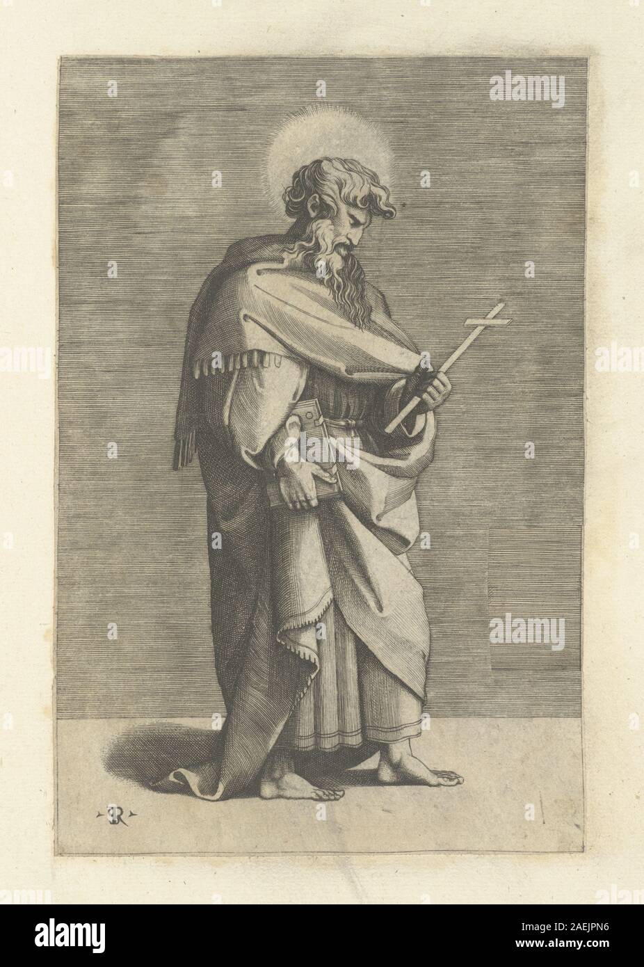 Une gravure de Saint Philippe créée par Marco Dente, représentant l'apôtre dans l'iconographie chrétienne traditionnelle avec des traits du visage et des vêtements détaillés. Banque D'Images
