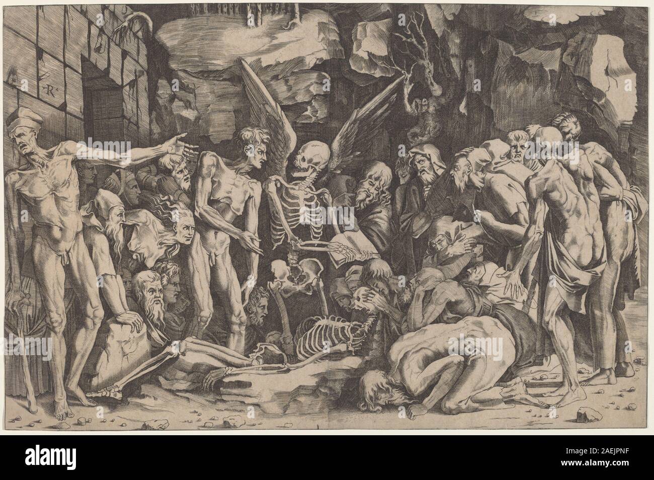 Cette gravure de Marco Dente, d'après Baccio Bandinelli vers 1518, représente des squelettes et démontre le style artistique de la Renaissance, l'étude anatomique et les techniques de gravure du début du XVIe siècle. Banque D'Images