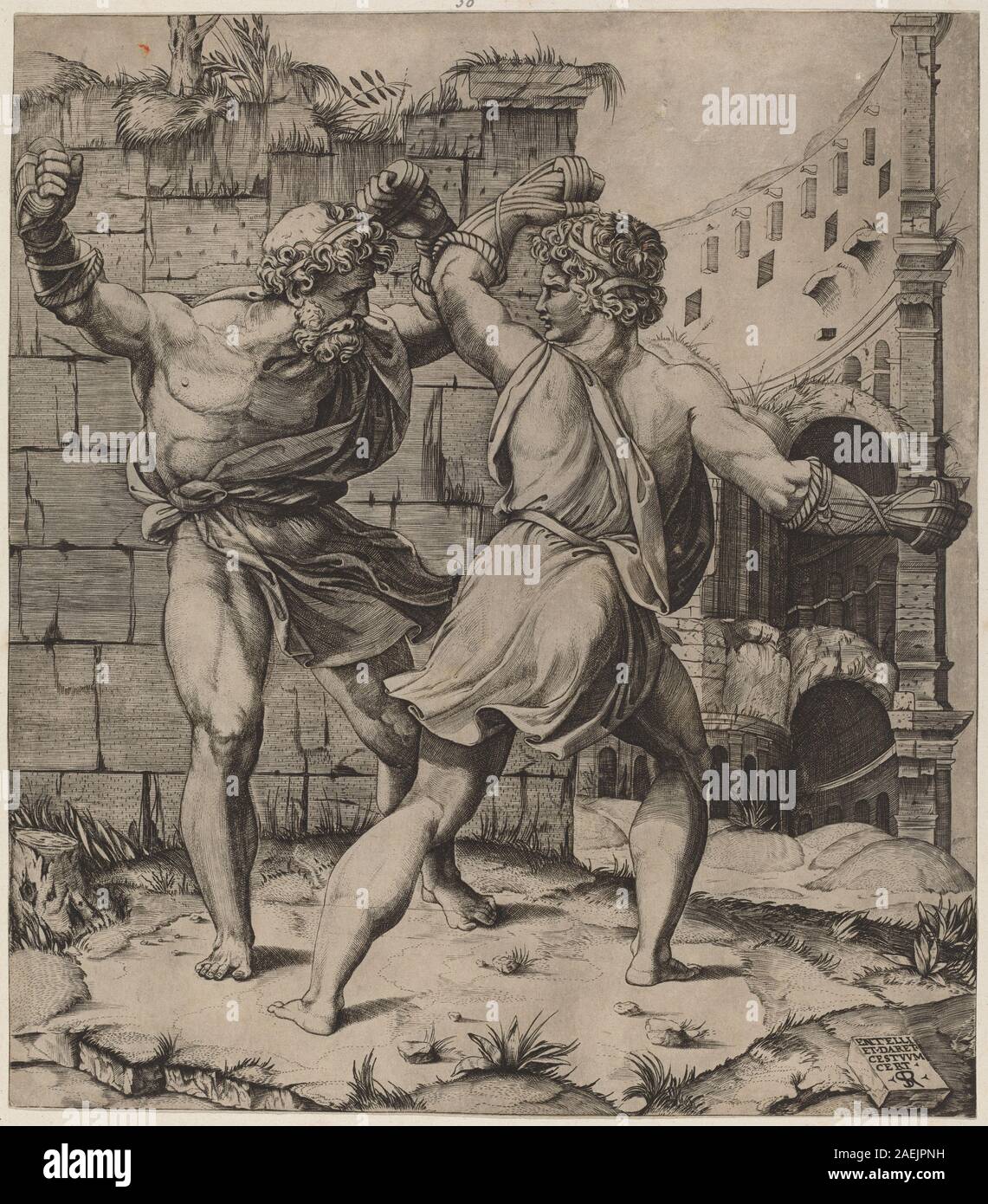 Gravure 'Entellus and Dares' de Marco Dente, années 1520, représentant des figures de l'Énéide de Virgile, montrant une scène de combat avec une anatomie détaillée, costume classique, poses dynamiques, style artistique Renaissance. Banque D'Images