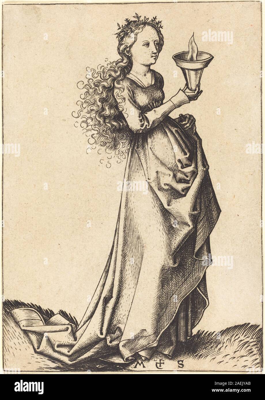 Une gravure sur cuivre de Martin Schongauer vers 1490 représentant la première Vierge Sage de la parabole des dix Vierges, mettant l'accent sur la posture, les draperies, l'expression faciale et le symbolisme religieux dans l'européen de la fin du XVe siècle Banque D'Images