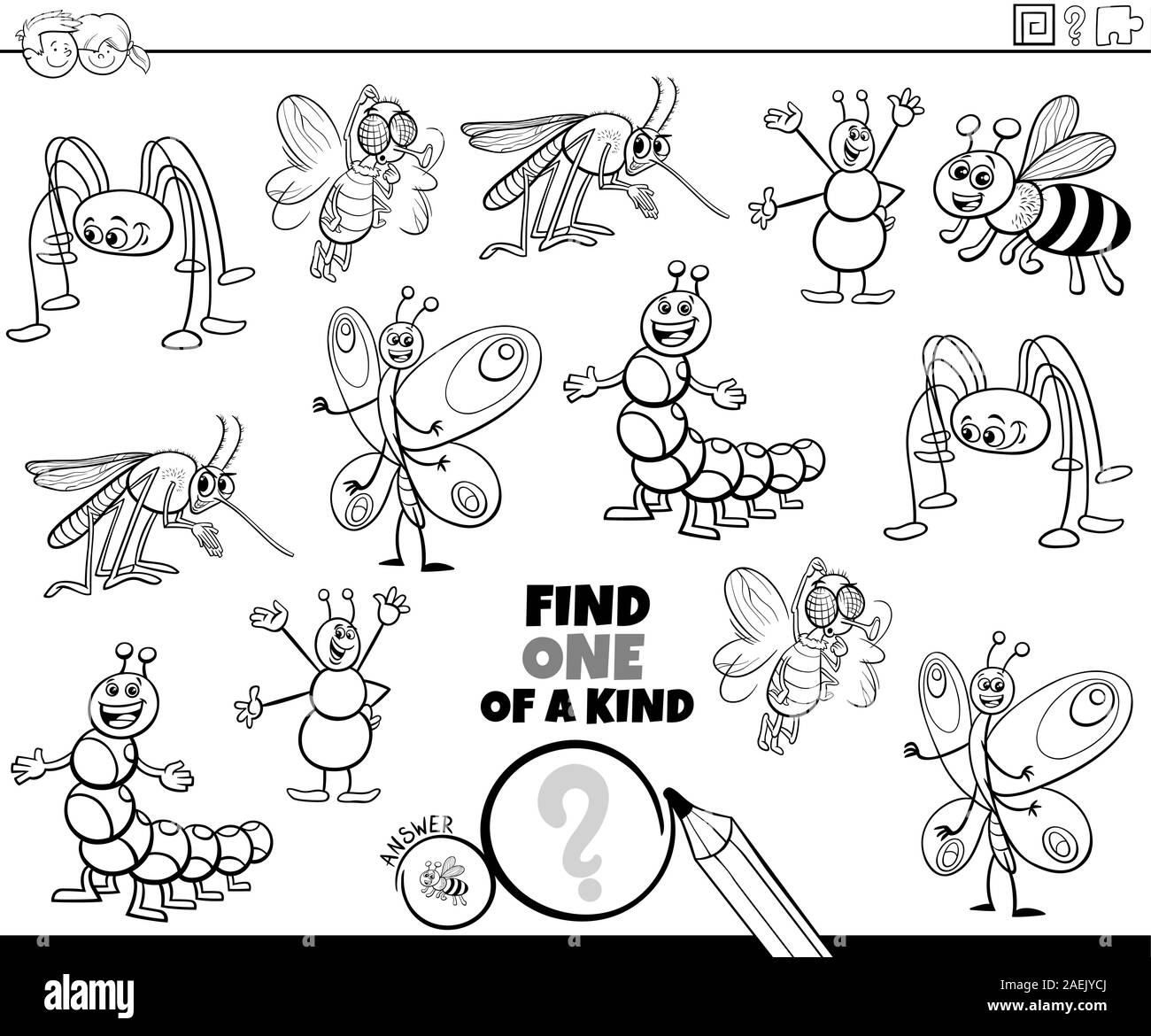 Illustration Cartoon noir et blanc de trouver un d'une sorte Photo jeu éducatif avec drôle d'insectes et d'animaux à colorier Personnages Bugs Page Illustration de Vecteur