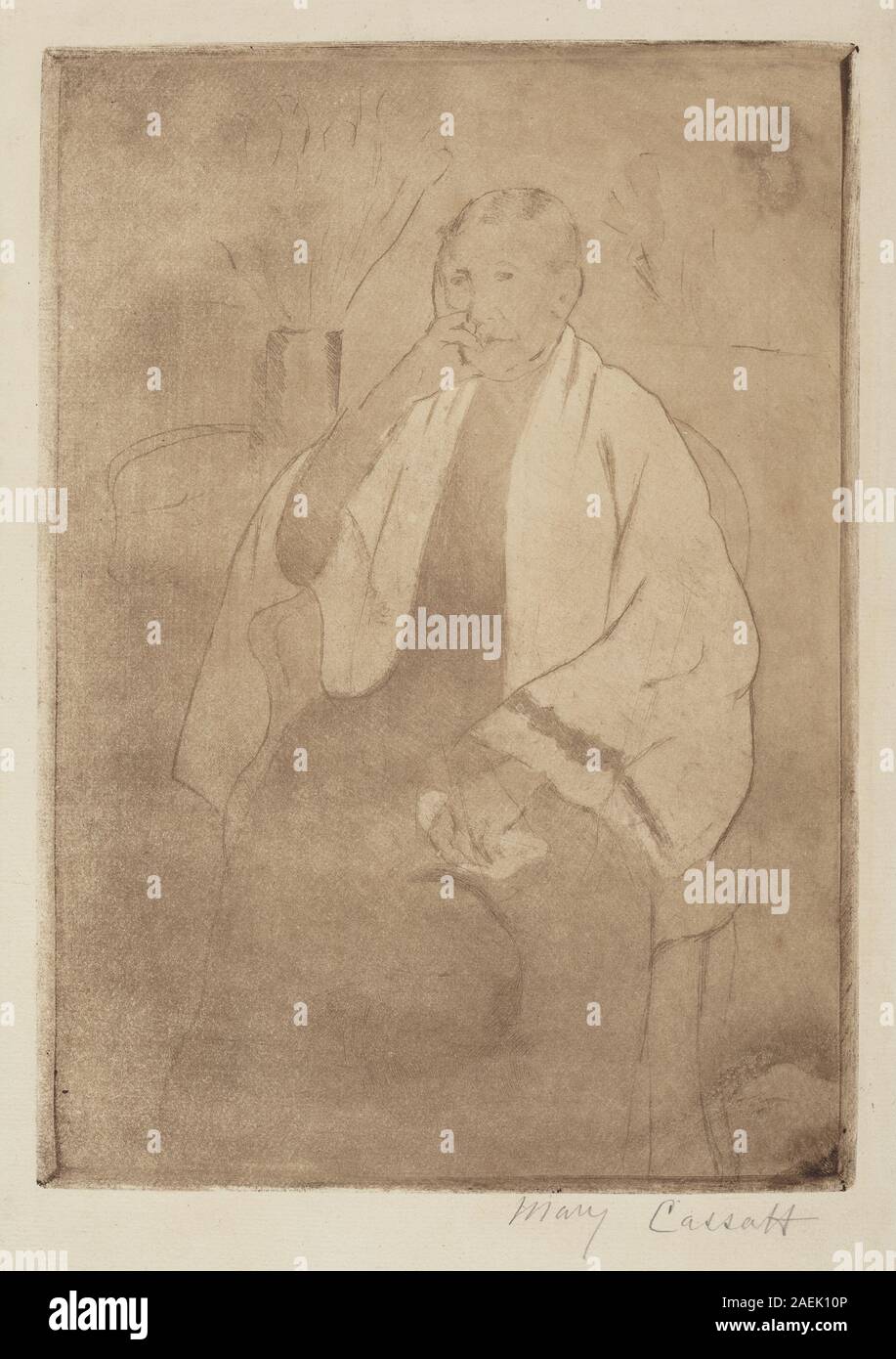 Peinture 'A Portrait of the Artist's Mother' par Mary Cassatt vers 1889-1890, montrant une femme assise, l'expression faciale, la posture, les vêtements et le contexte intérieur domestique dans un style impressionniste. Banque D'Images