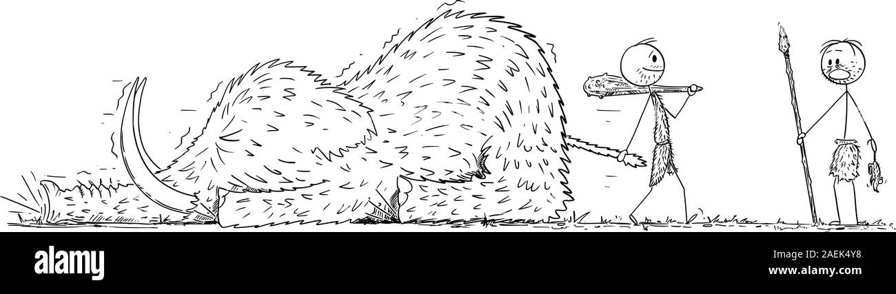 Vector cartoon stick figure dessin illustration conceptuelle de l'homme préhistorique ou cavernes tirant dead mammouth. Concurrent avec hunt rat est choqué. Concept de la réussite des entreprises et de la concurrence. Illustration de Vecteur