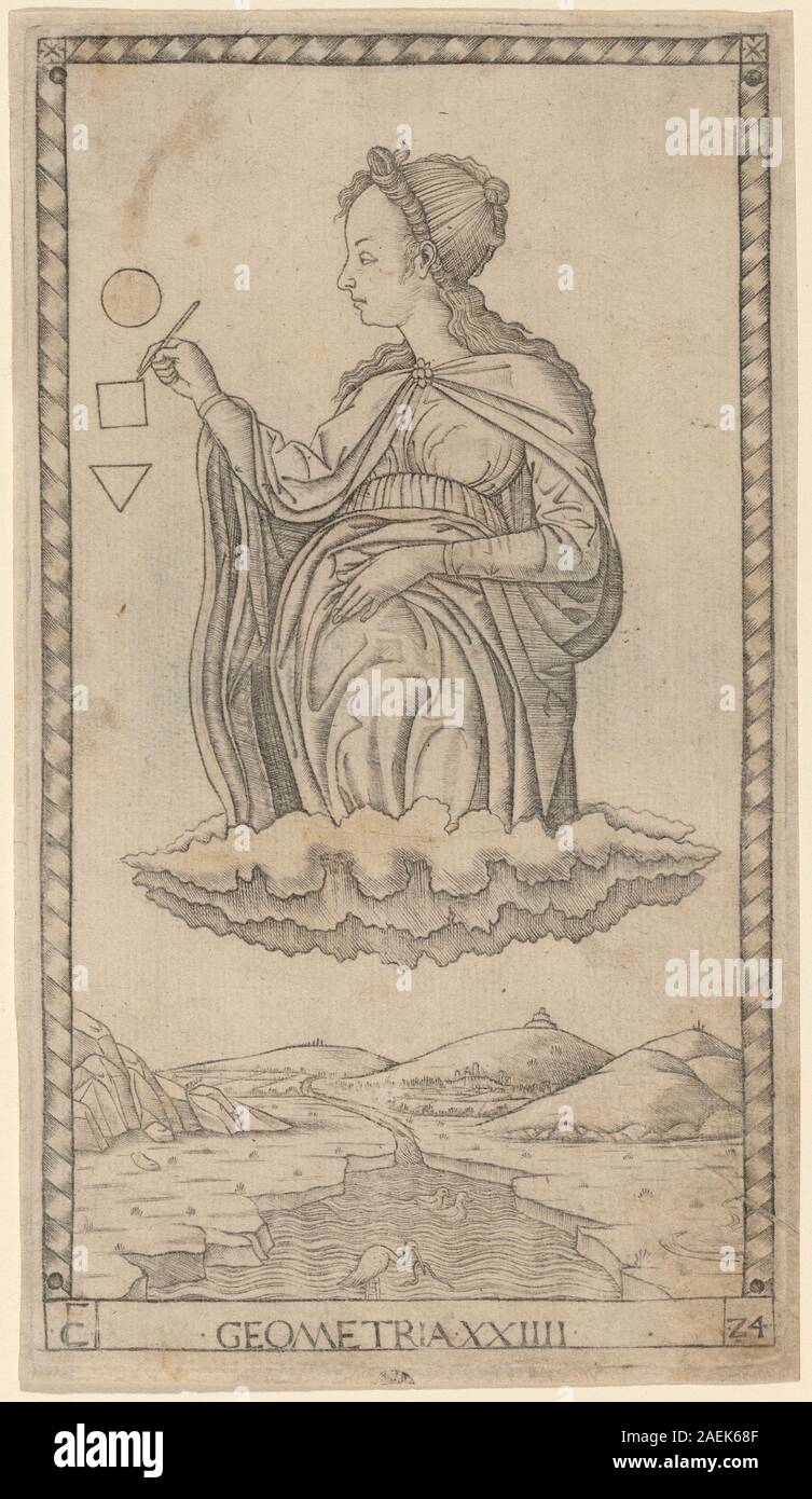 La carte Geometria (géométrie), créée vers 1465 par le maître de la série E Tarocchi, représente une figure allégorique représentant l'étude de la géométrie. Il fait partie d'un jeu de cartes Renaissance illustrant des concepts intellectuels et mathématiques. Banque D'Images