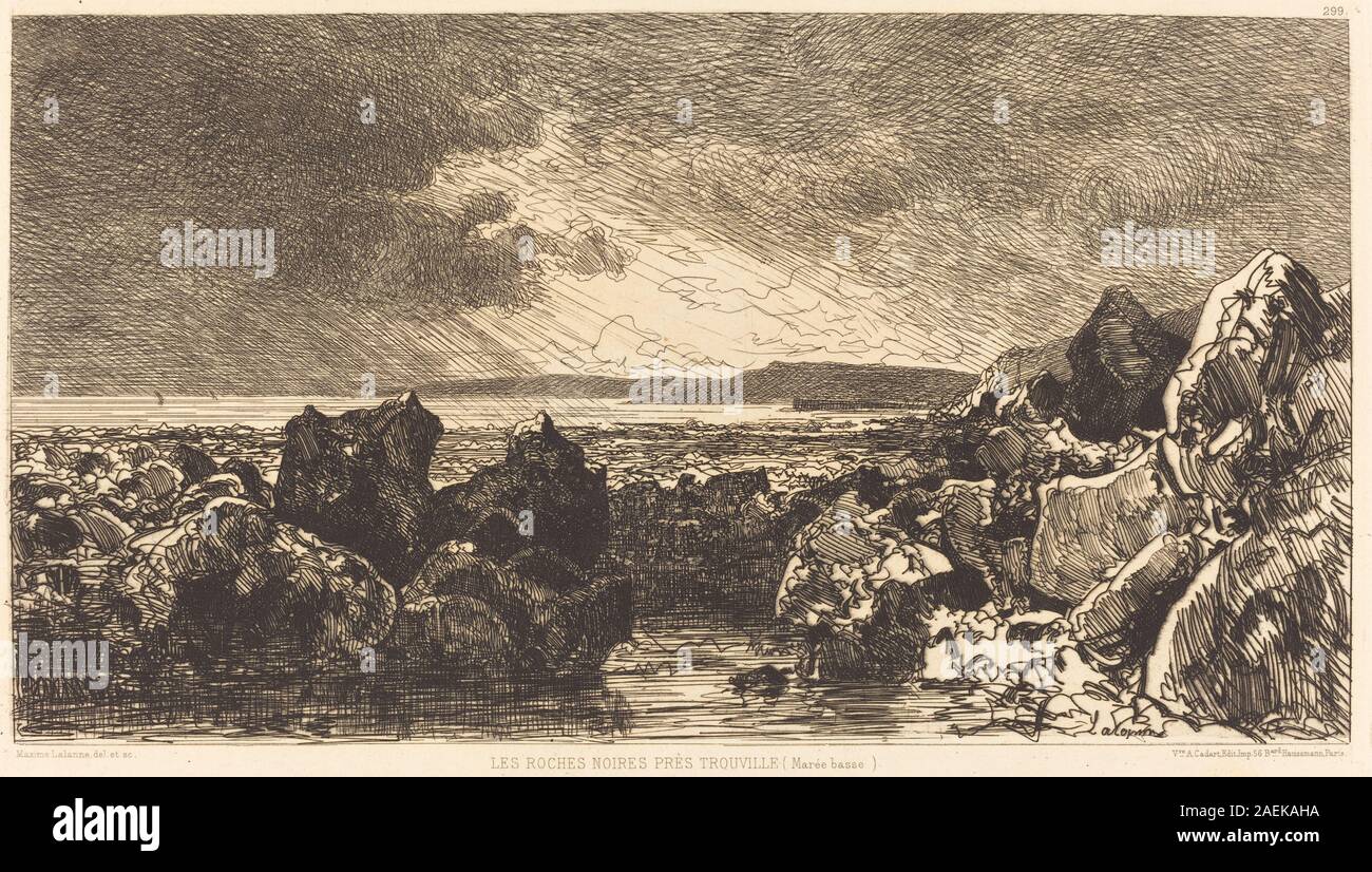 Les roches noires près de Trouville (marée basse), peintes par Maxime Lalanne en 1874, représentent des formations côtières rocheuses, des eaux peu profondes et des détails du rivage avec une observation attentive de la lumière et de la texture. Banque D'Images