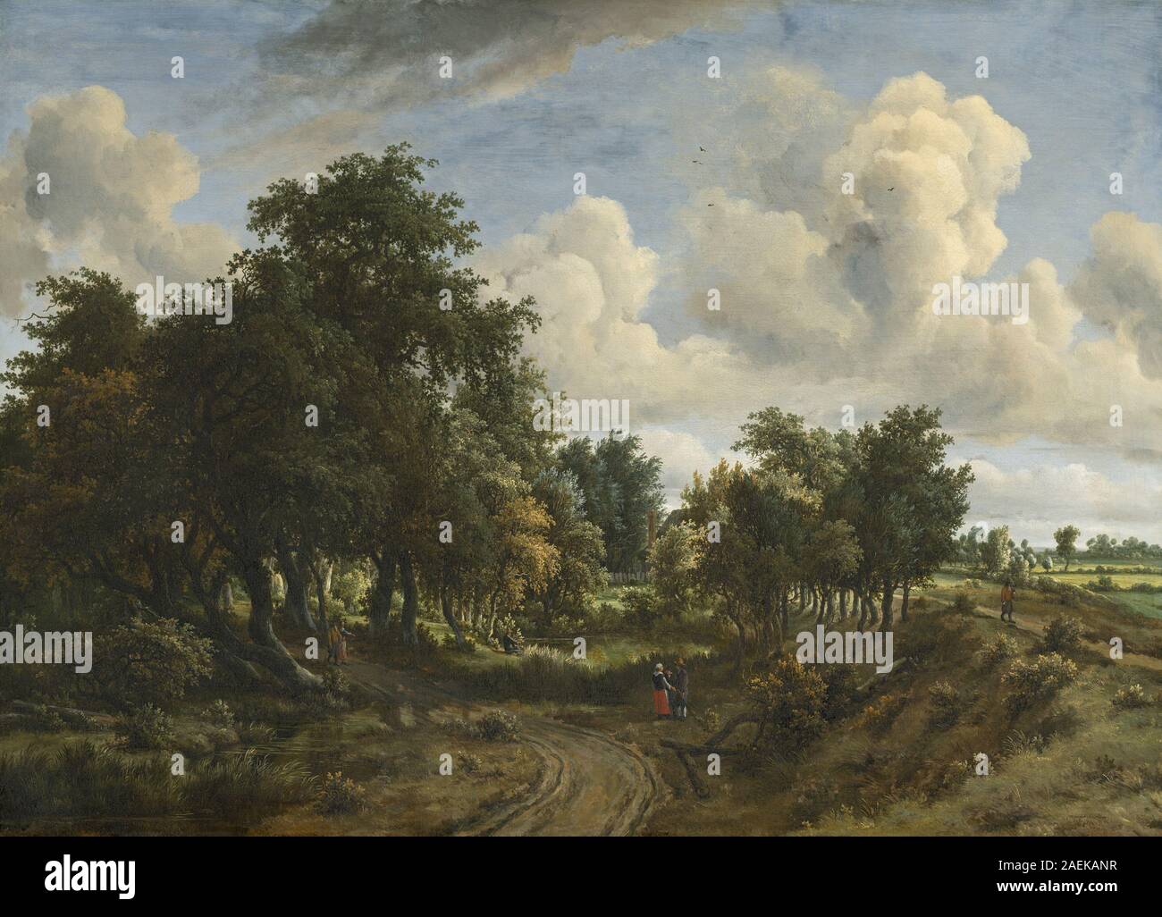Tableau d'un paysage boisé créé en 1663 par Meindert Hobbema. L'œuvre d'art représente des arbres, des sentiers forestiers et des paysages naturels dans une composition détaillée et le style de l'âge d'or néerlandais. Banque D'Images