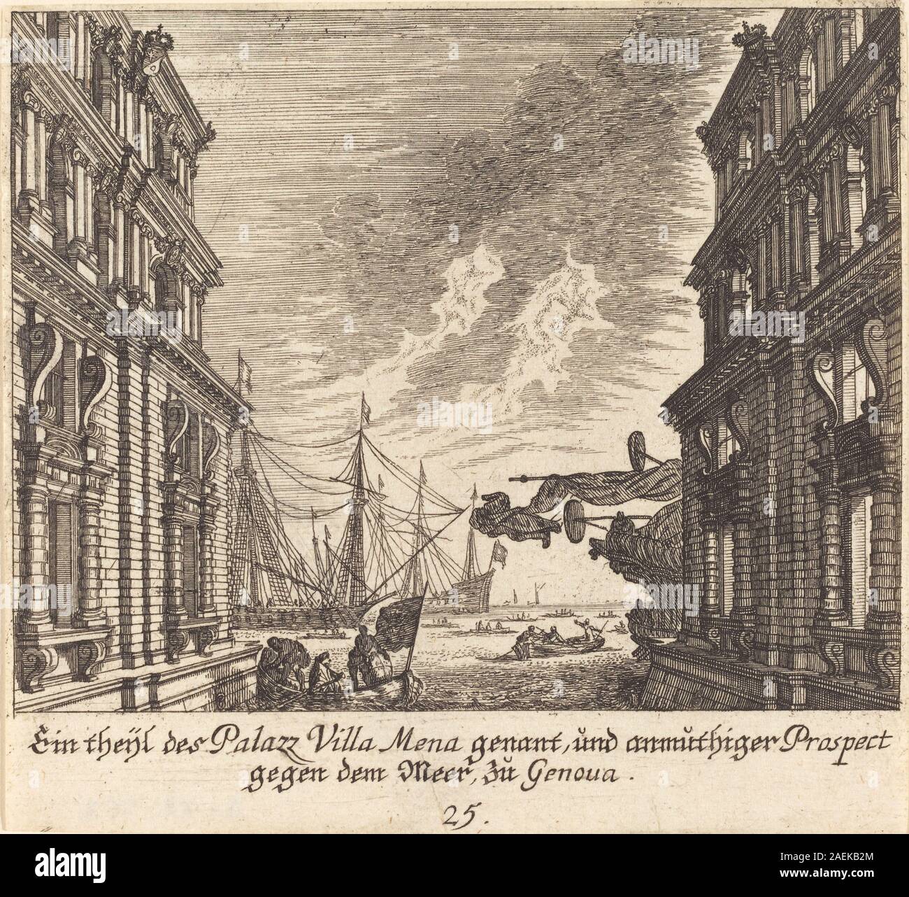 Estampe créée en 1681 par Melchior Küsel d'après Johann Wilhelm Baur représentant le Palazzo Villamena à Gênes. L'image montre des détails architecturaux, la conception de la façade et la perspective du bâtiment du XVIIe siècle. Banque D'Images