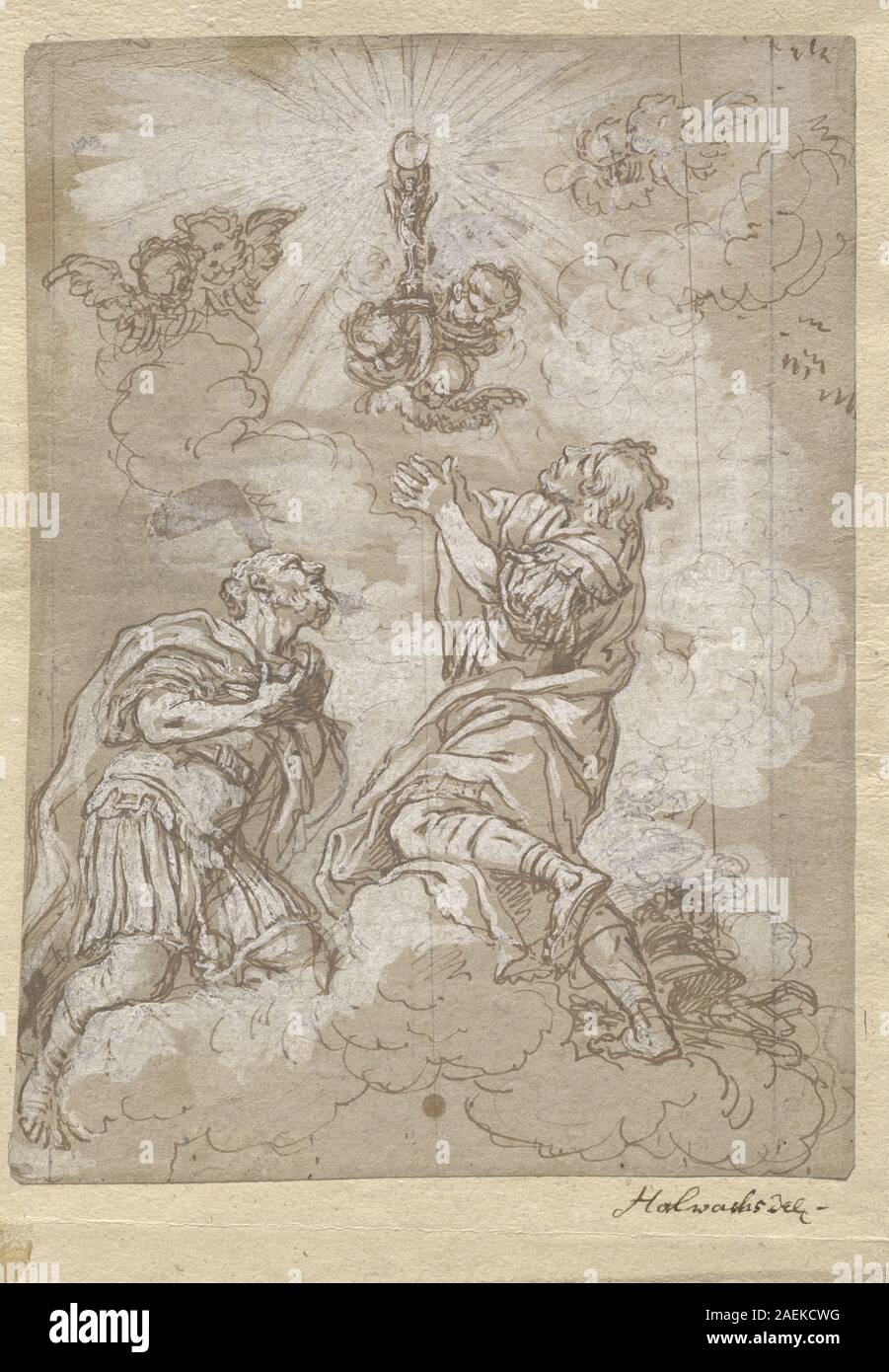 Une peinture religieuse de Michael Wenzel Halbax autour de 1690 représentant deux saints soldats adorant l'hôte. L'œuvre comprend des figures détaillées, des éléments liturgiques et des caractéristiques stylistiques baroques des religieux européens de la fin du XVIIe siècle Banque D'Images