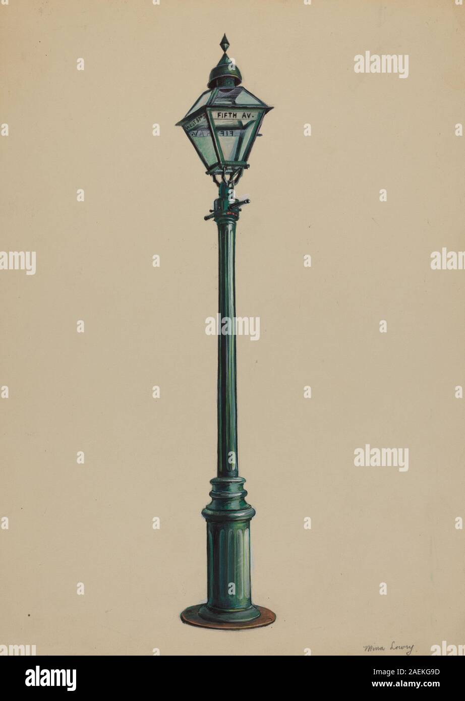 Ce lampadaire à gaz de Mina Lowry, créé en 1936, est un luminaire en métal et verre. Il dispose d'une enceinte cylindrique en verre, d'un cadre métallique et d'éléments décoratifs typiques des lampadaires urbains du début du XXe siècle. Banque D'Images