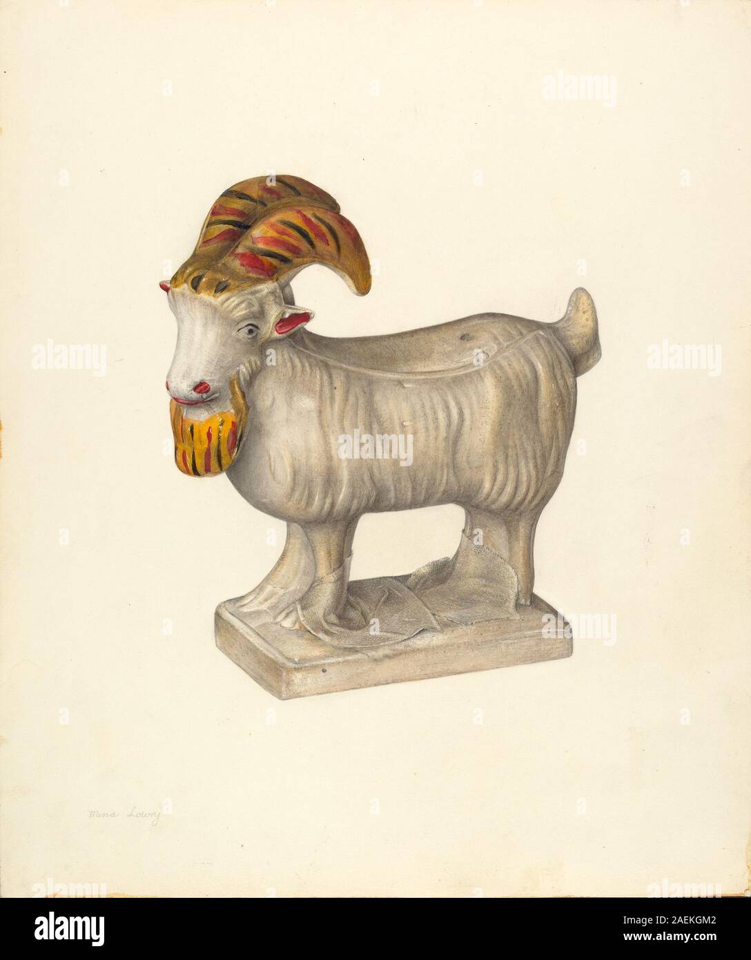 Cette figure peinte d'une chèvre par Mina Lowry, vers 1940, représente l'animal avec la forme détaillée, la texture, la couleur, la posture et les caractéristiques de l'art populaire allemand de Pennsylvanie du milieu du XXe siècle. Banque D'Images
