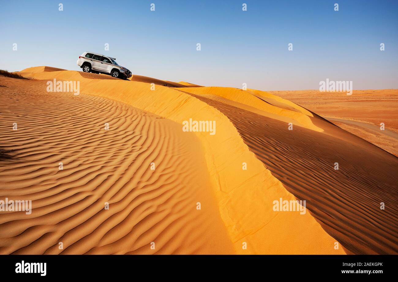 Véhicule hors route dans les dunes de sable, désert, safari dans le désert Wahiba Sands Rimal, Oman Banque D'Images