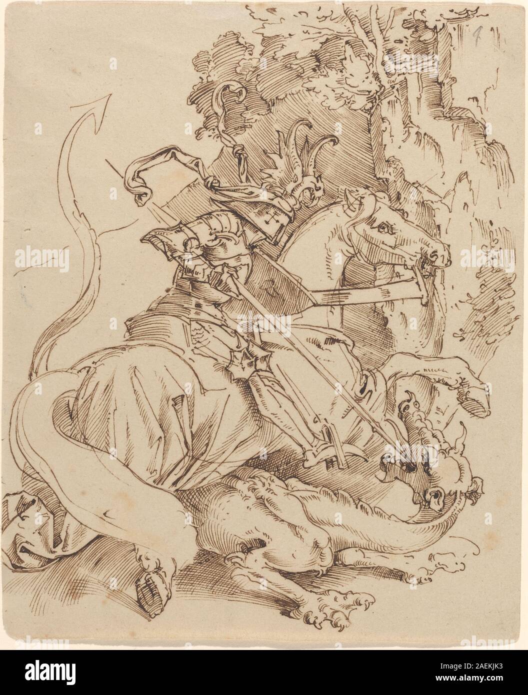 Tableau de Moritz von Schwind de 1825-1830 représentant Saint George tuant le dragon, montrant chevalier, cheval, dragon, paysage, et les détails de composition. Banque D'Images
