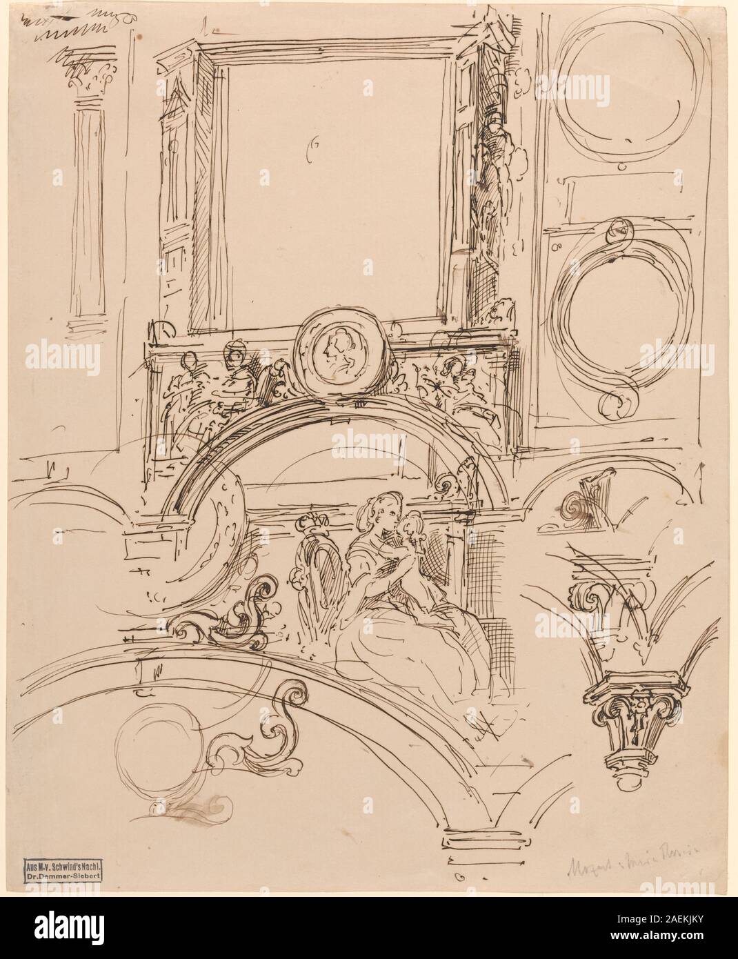 Dessin de Moritz von Schwind vers 1864 montrant des détails architecturaux pour une décoration murale représentant l'impératrice Marie-Thérèse embrassant le jeune Wolfgang Amadeus Mozart, y compris des figures, des ornements et des détails de composition. Banque D'Images