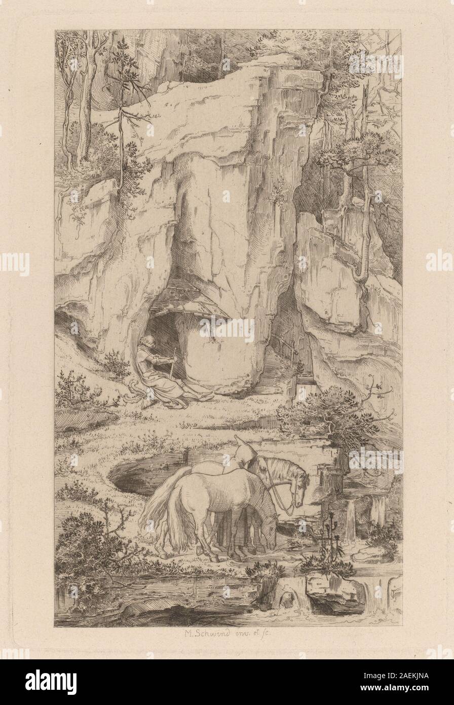 Peinture de Moritz von Schwind vers 1845 représentant un moine menant des chevaux à l'eau, montrant des figures, des animaux, un paysage, une rivière, et les détails de composition. Banque D'Images