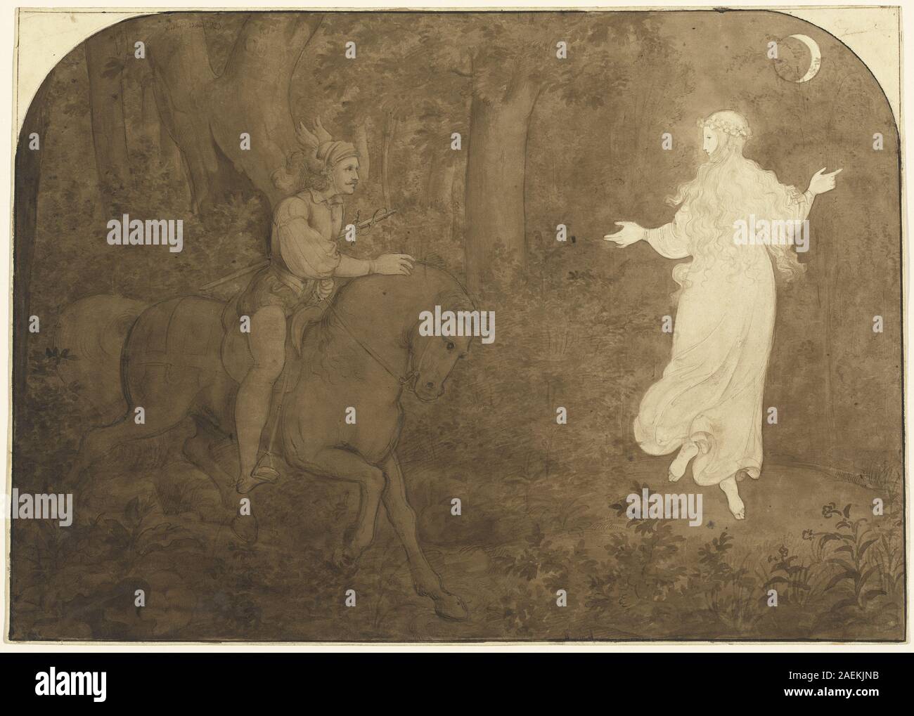 L'apparition dans la forêt de Moritz von Schwind, créé en 1823, représentant une figure fantomatique apparaissant parmi les arbres dans un paysage forestier, mettant en évidence des thèmes de l'époque romantique et la composition atmosphérique. Banque D'Images