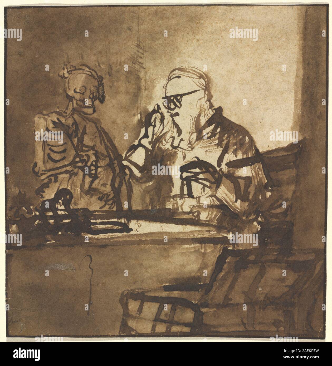 Peinture de Nicolaes Maes de 1650-1655 représentant une scène moralisante de mort face à un avare, avec une composition intérieure détaillée et figurative, caractéristique du style néerlandais du XVIIe siècle. Banque D'Images