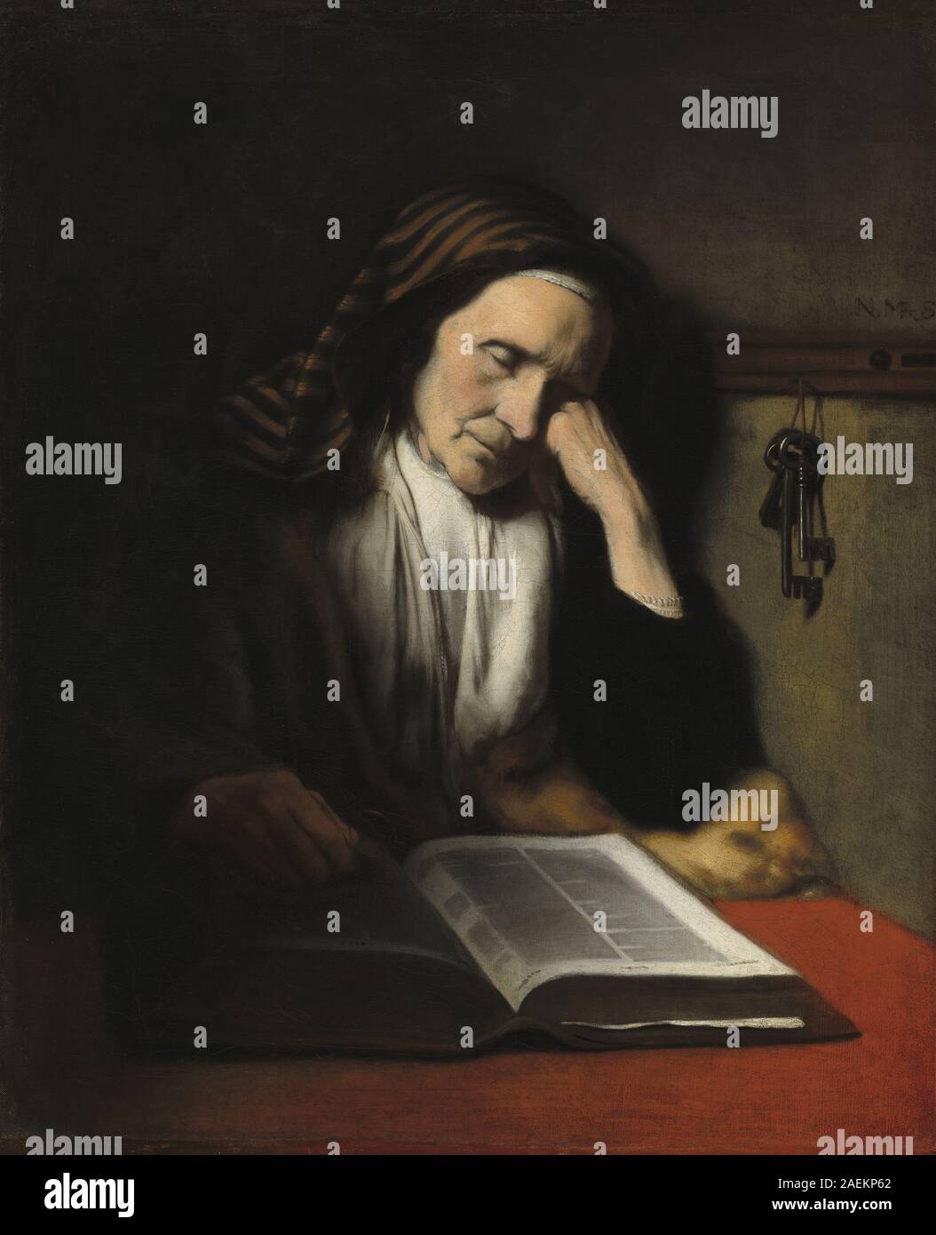Peinture de Nicolaes Maes vers 1655 représentant une vieille femme somnolant au-dessus d'un livre, montrant la figure, le cadre intérieur, les vêtements et les détails de composition. Banque D'Images
