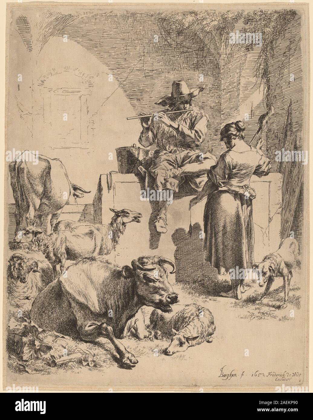 Nicolaes Pietersz Berchem, le Berger assis sur une fontaine et le fileur, 1652 Le Berger assis sur une fontaine et le fileur ; 1652date Banque D'Images