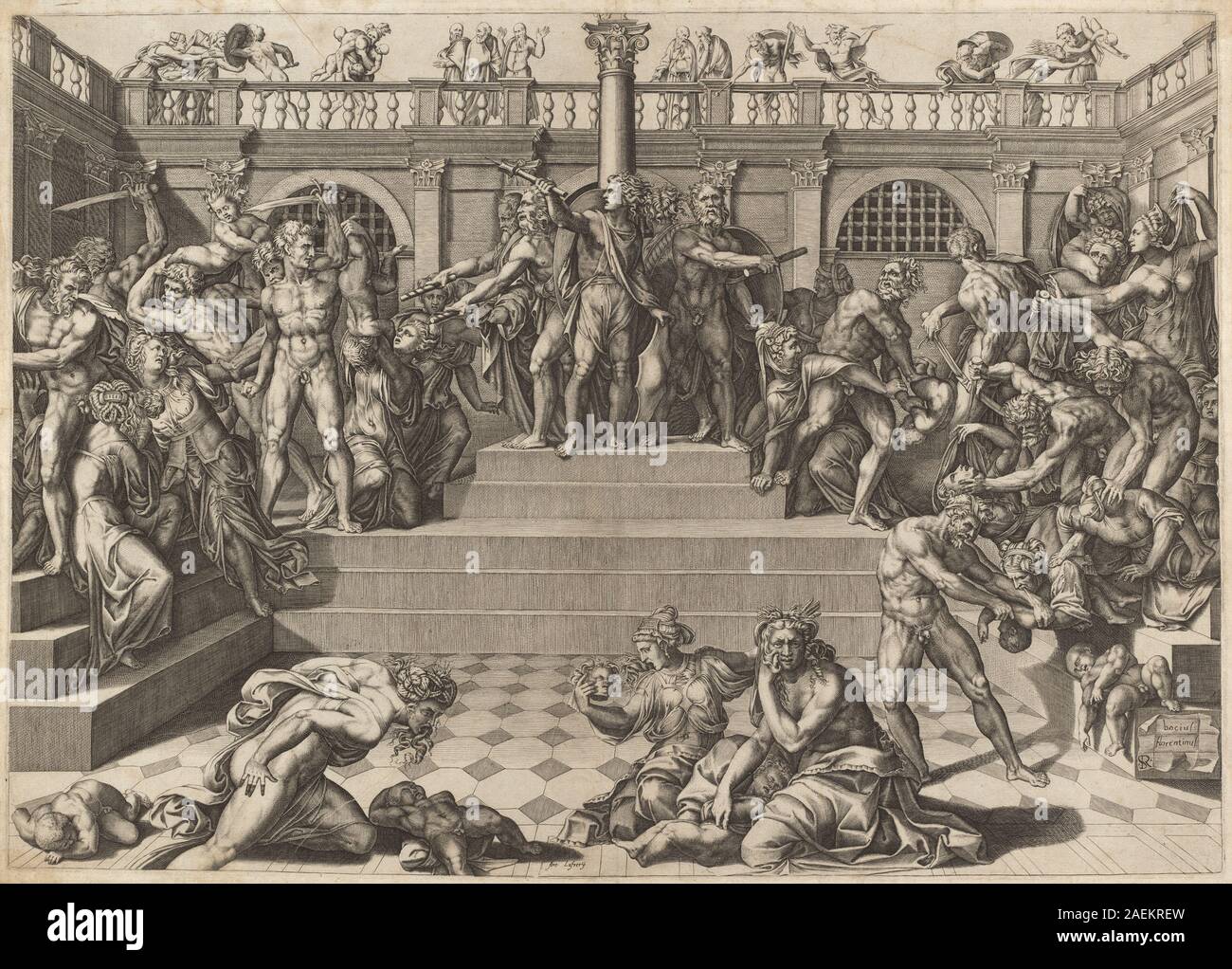 Cette gravure de Nicolaus Beatrizet d'après Marco Dente et Baccio Bandinelli, années 1540, représente le massacre des innocents. L'œuvre présente un travail au trait détaillé, une composition et une représentation dramatique caractéristiques de l'estampe italienne du XVIe siècle. Banque D'Images