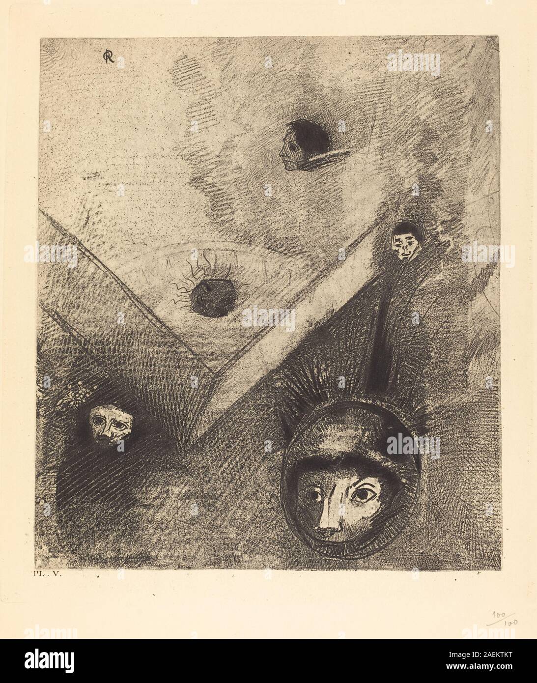 Cette peinture de 1890 d'Odilon Redon représente une scène de cauchemar symbolique et multiforme avec des formes abstraites, oniriques et des images surréalistes. Il met l'accent sur la couleur, la composition, l'humeur, la lumière, le style symboliste précoce, et l'approche imaginative de l'artiste. Banque D'Images